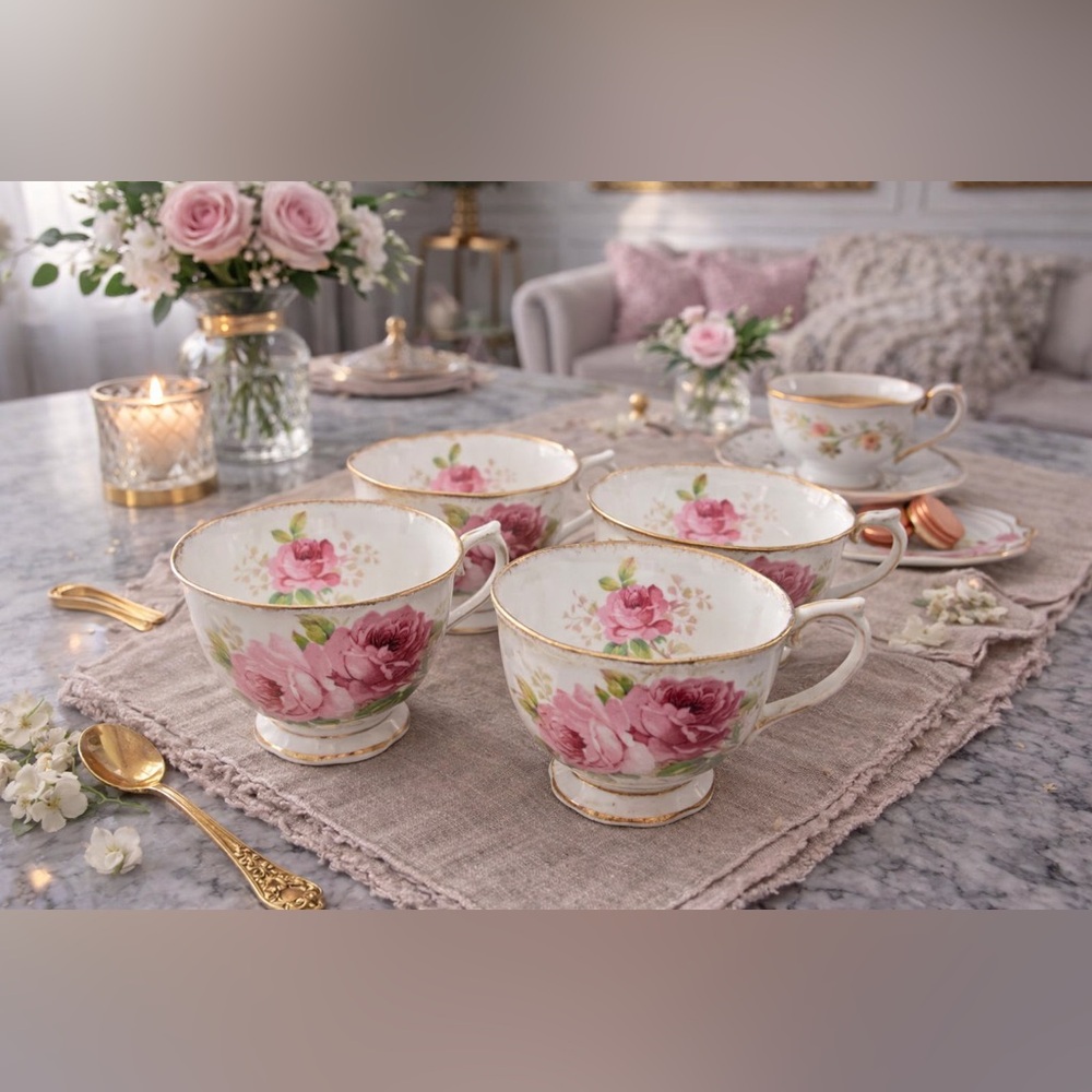 Royal Albert “American Beauty” Teacups – Pink Rose Floral Bone China (Set of 4)
